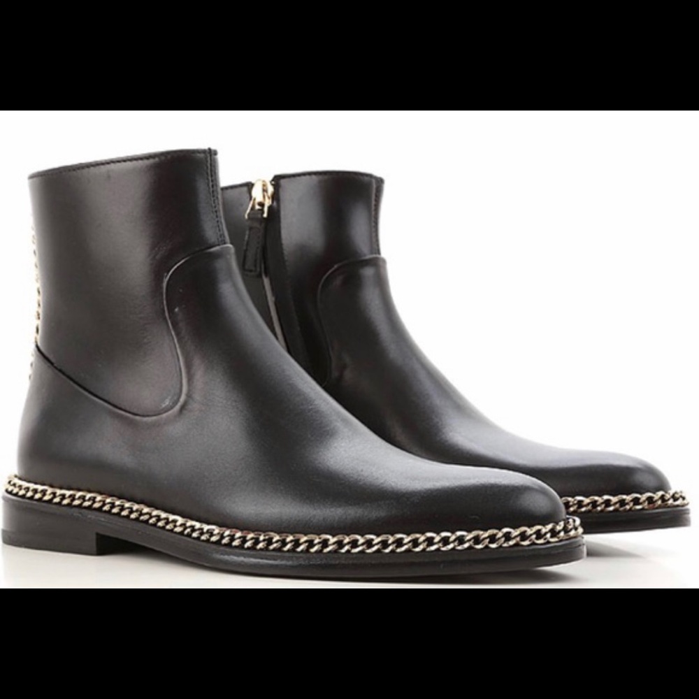 Lanvin Paris black boots with zipper and gold chain detail